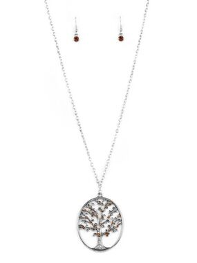 Paparazzi Tree Pendant Necklace Set Topaz Rhinestone Silver
